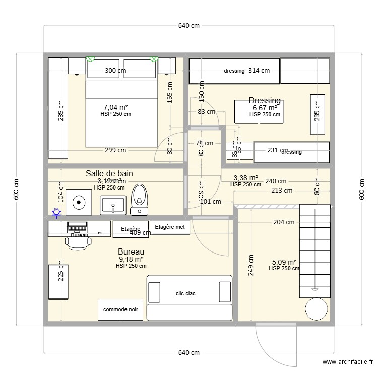 Chalet six fours etage. Plan de 6 pièces et 34 m2