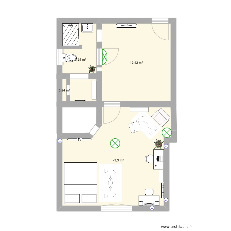 Chambre. Plan de 4 pièces et 39 m2