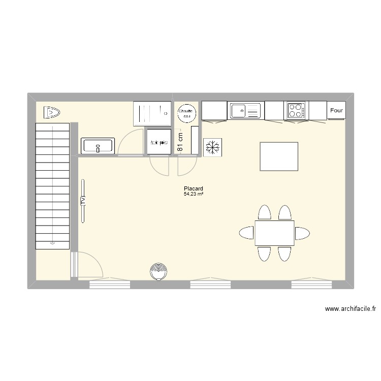 Rez-de-chaussez. Plan de 1 pièce et 54 m2