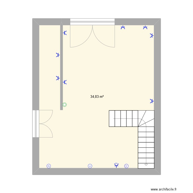 RDC. Plan de 1 pièce et 35 m2