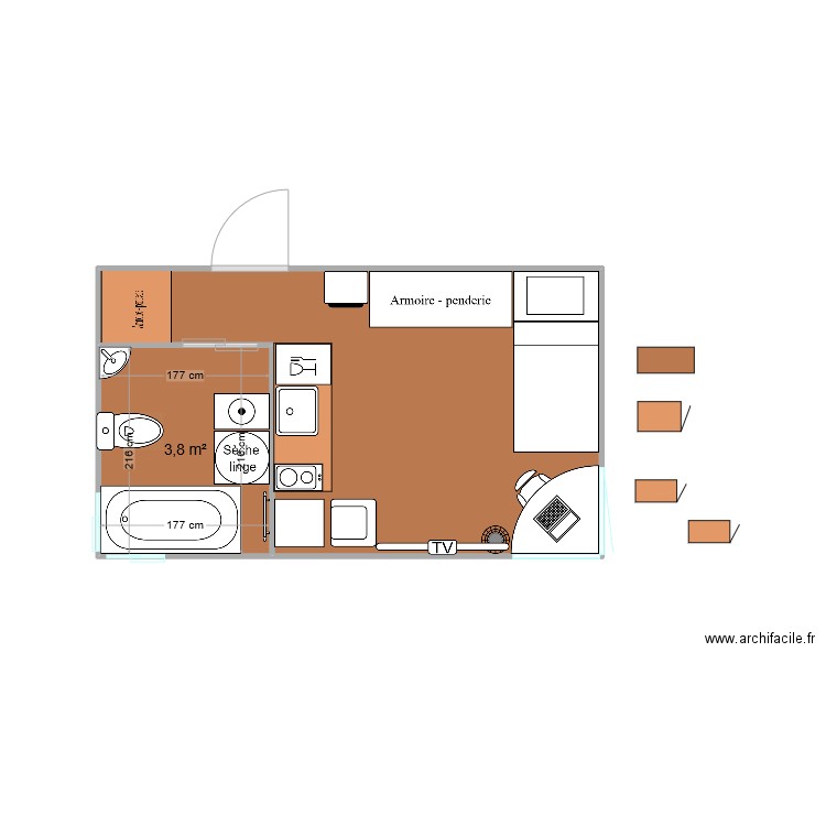 studio 1 pièce . Plan de 2 pièces et 15 m2