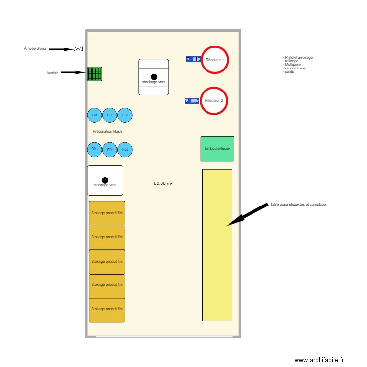 Salle prod nettoyant. Plan de 1 pièce et 50 m2