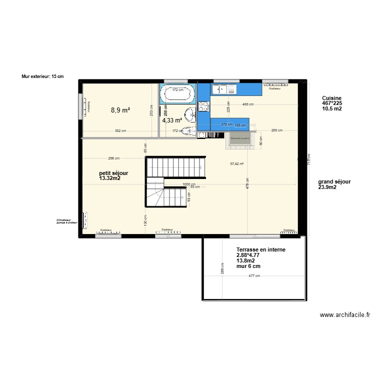 F1 etage. Plan de 4 pièces et 85 m2