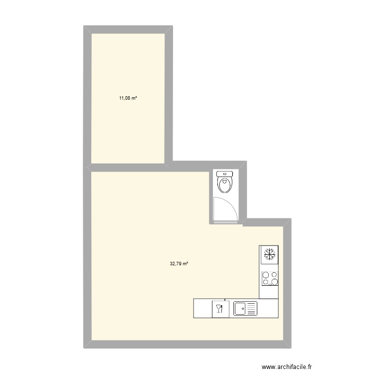 RDC 2. Plan de 2 pièces et 44 m2