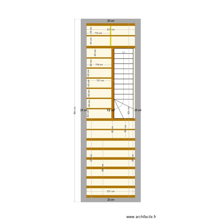 RDC plancher bois. Plan de 1 pièce et 19 m2