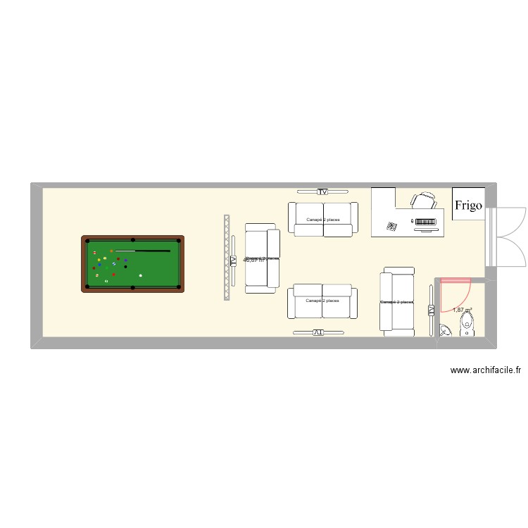 salle de jeux . Plan de 2 pièces et 49 m2