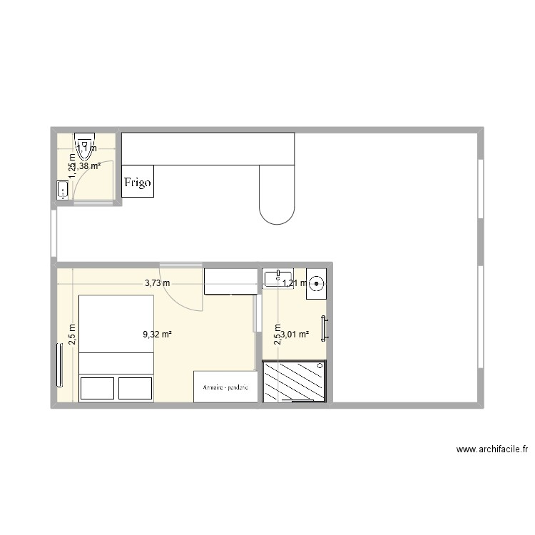 plan toilette. Plan de 3 pièces et 14 m2