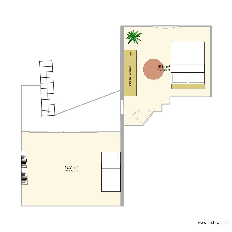 Chambre haut aménagement avenir. Plan de 2 pièces et 32 m2