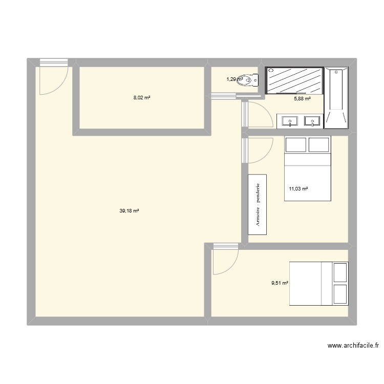 App80méT3. Plan de 6 pièces et 75 m2