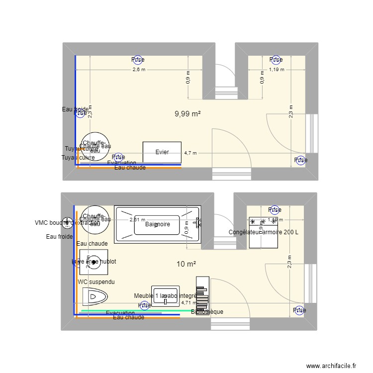 sdb base. Plan de 2 pièces et 20 m2