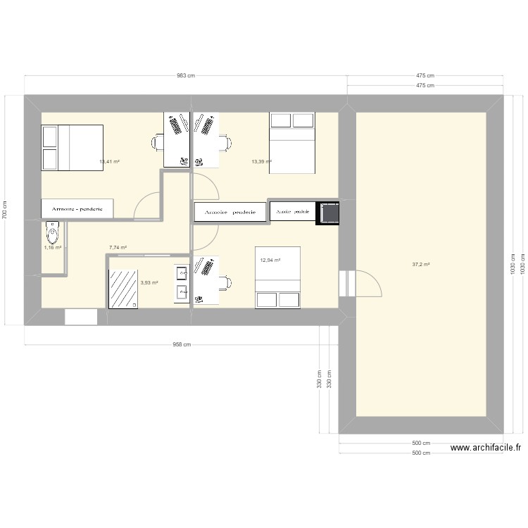 etage version 1sdb optimisée. Plan de 7 pièces et 90 m2