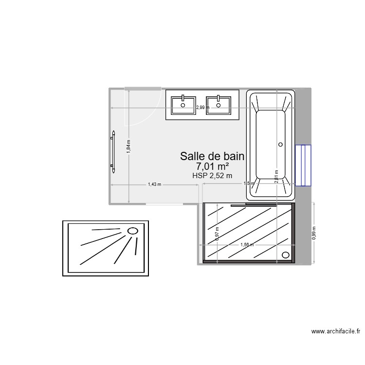 Salle de bain ludo. Plan de 1 pièce et 7 m2