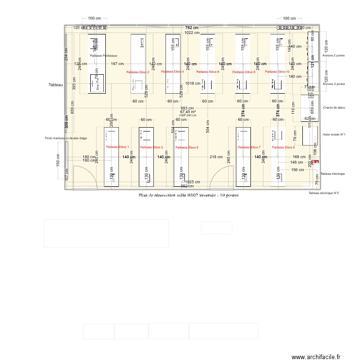 Plan rénovation laboratoire salle B 102 inversée- version 10 postes. Plan de 1 pièce et 67 m2