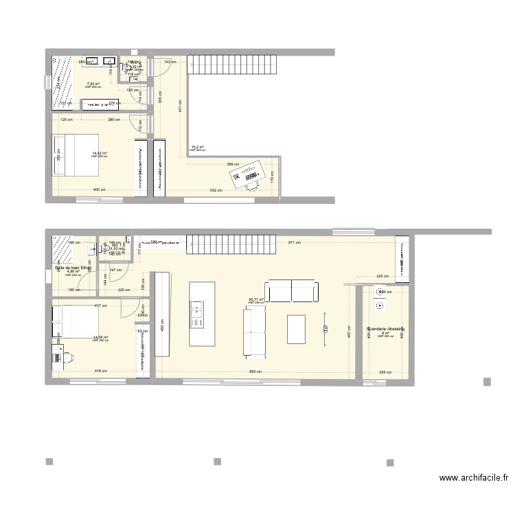 maison  V2. Plan de 9 pièces et 128 m2