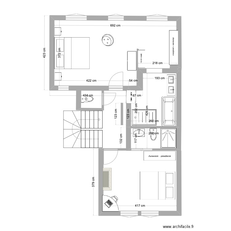 chambre. Plan de 3 pièces et 34 m2