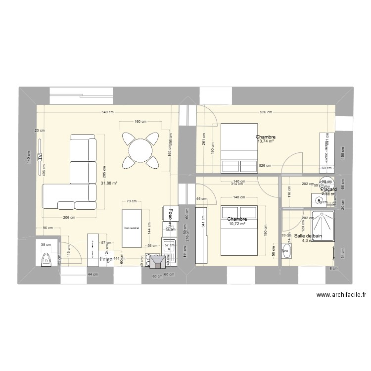 Sècheboue plan 1 pas de couloir. Plan de 5 pièces et 63 m2