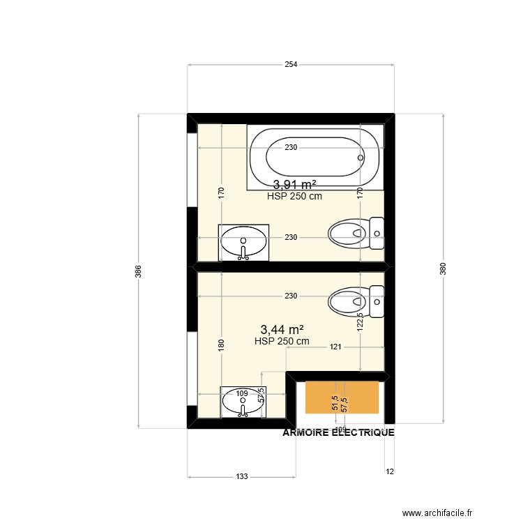 DAVID SDB PROJET. Plan de 2 pièces et 7 m2