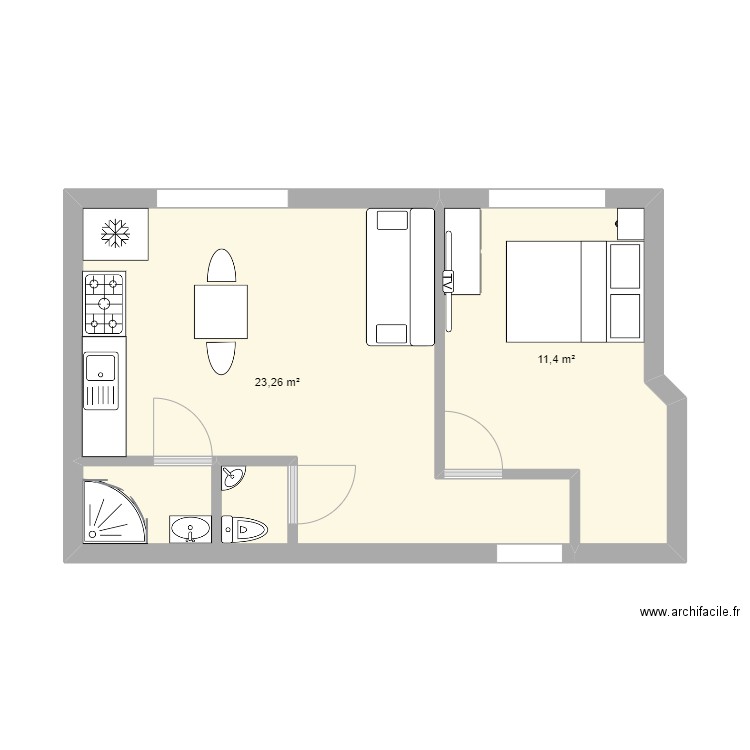 studio. Plan de 2 pièces et 35 m2