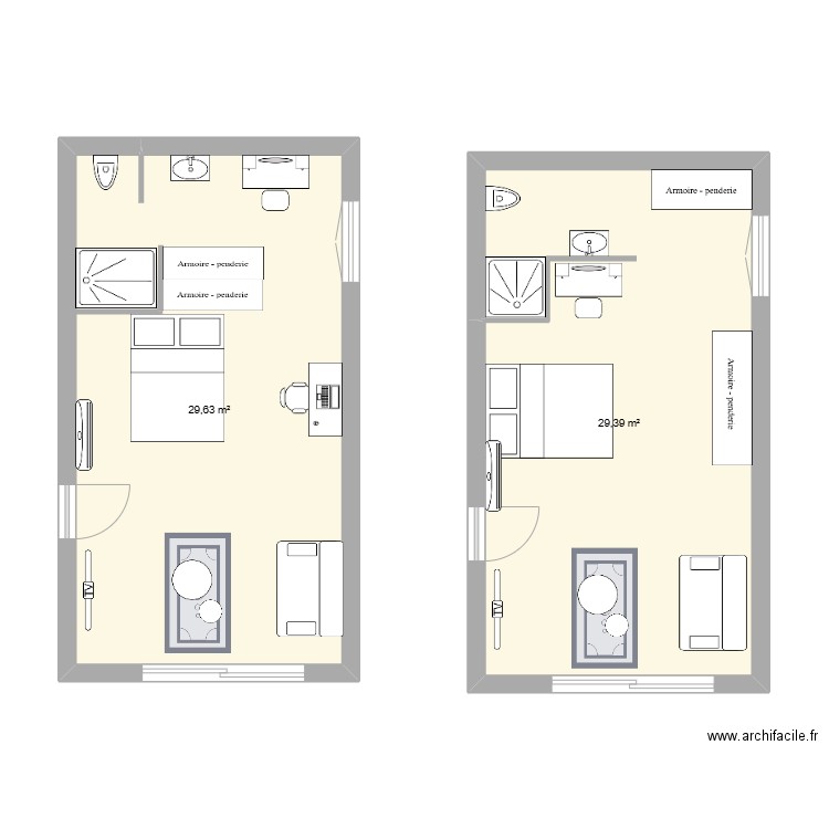 Studio. Plan de 2 pièces et 59 m2