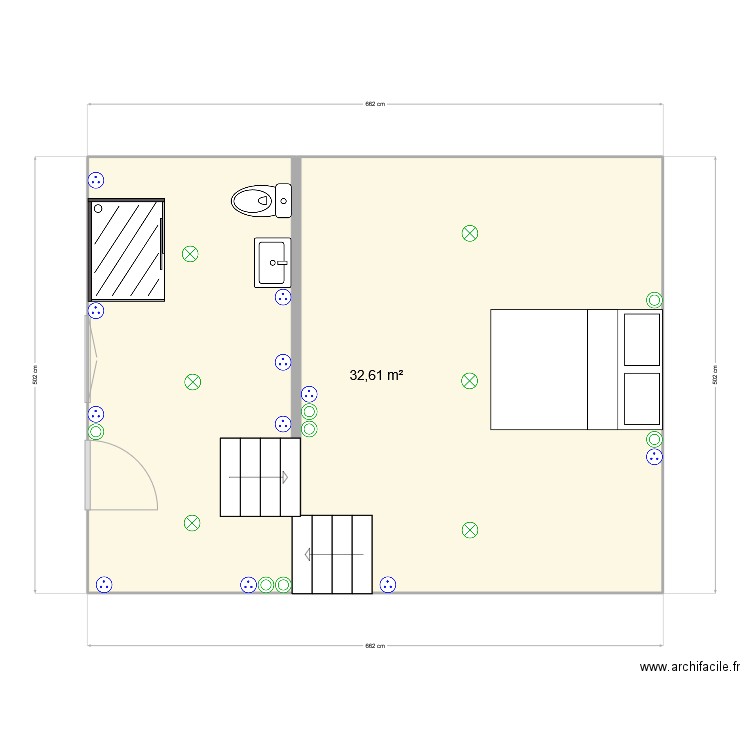 chambre SDB Véro saintines. Plan de 1 pièce et 33 m2