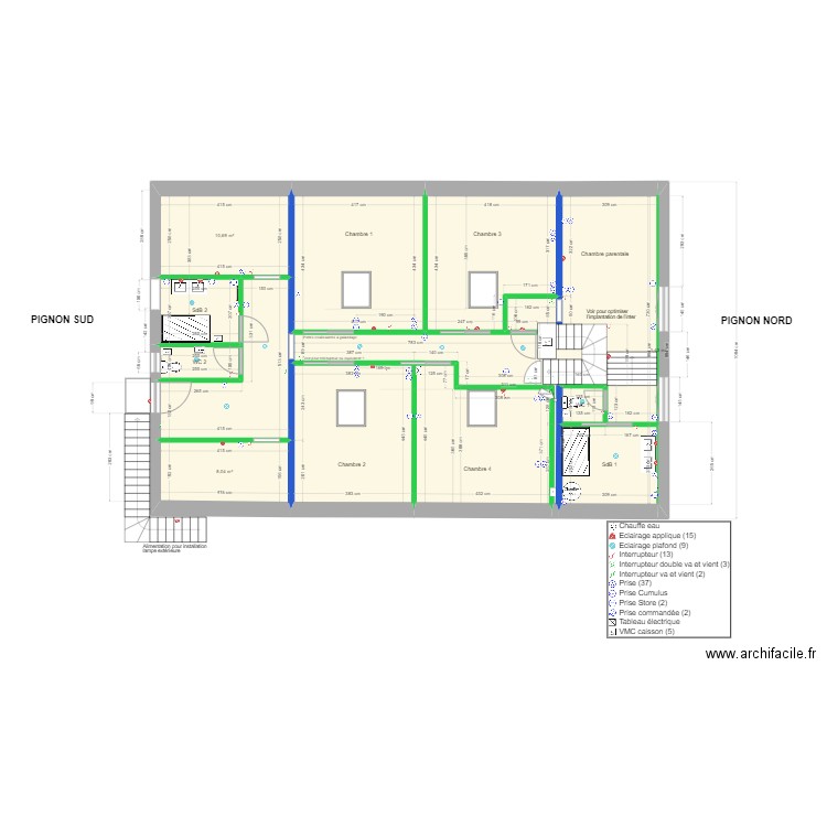 Plan implantation R+1 V5. Plan de 13 pièces et 150 m2