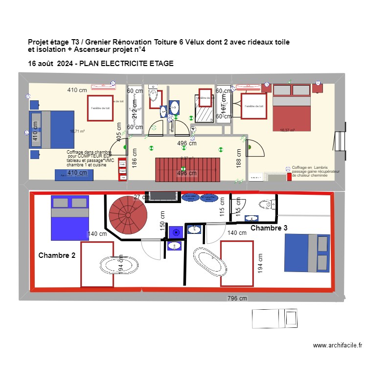 PLAN ELECTRIQUE 2TAGE AOUT 2024. Plan de 8 pièces et 51 m2