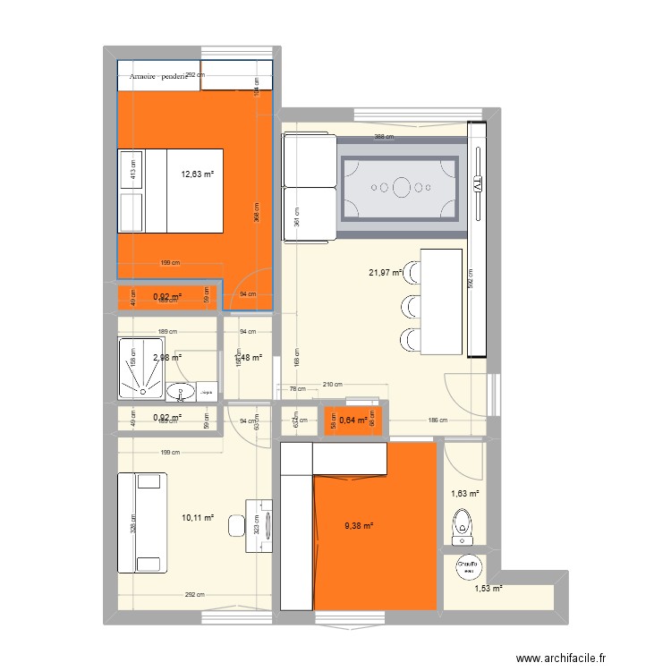 2DL. Plan de 11 pièces et 64 m2