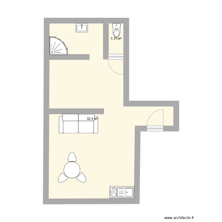 appartement gauche grenier. Plan de 2 pièces et 33 m2