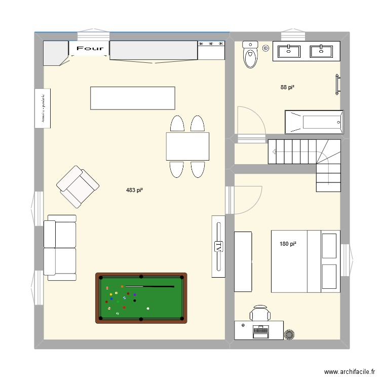 sol. Plan de 3 pièces et 70 m2