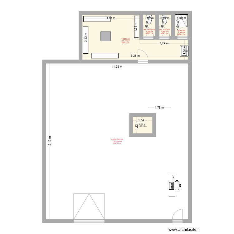 salle de danse. Plan de 6 pièces et 163 m2