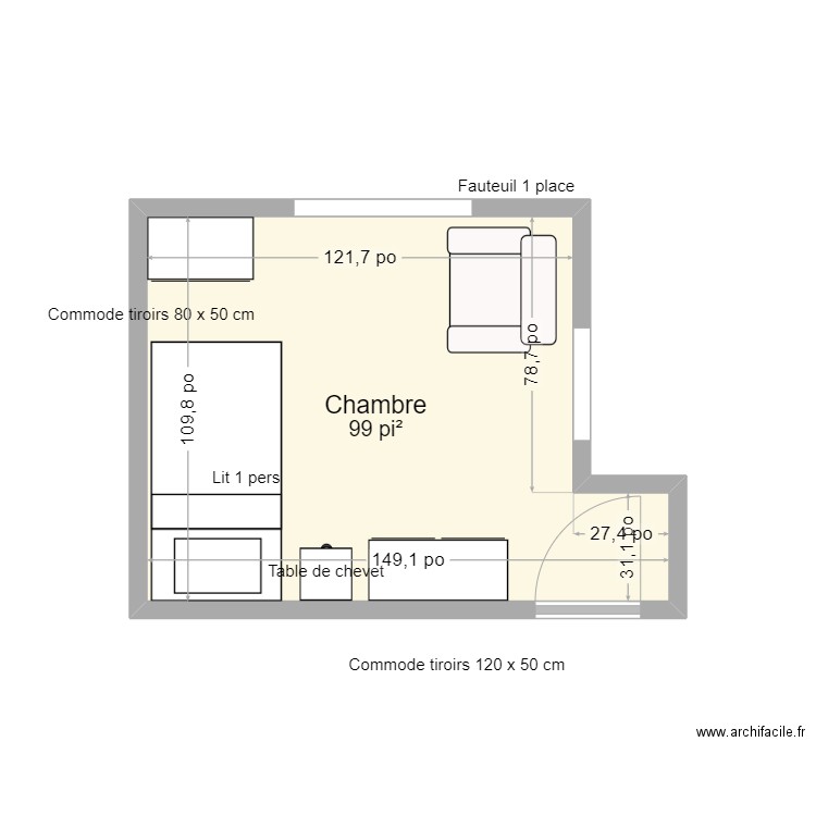 chambre sylvie avec  deserte. Plan de 1 pièce et 9 m2