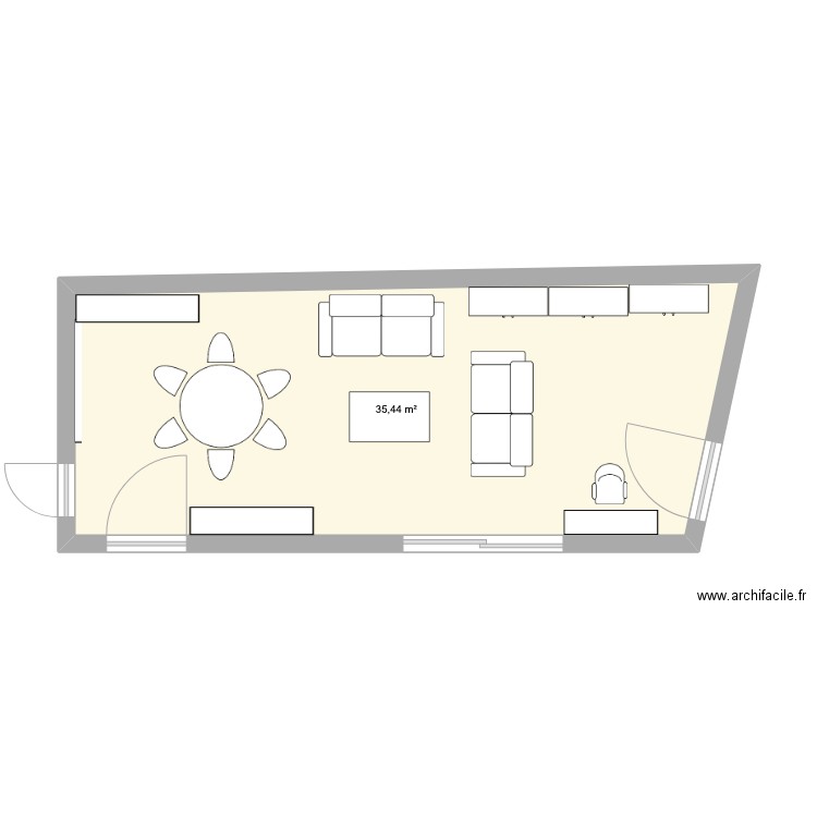 pièce du fond. Plan de 1 pièce et 35 m2