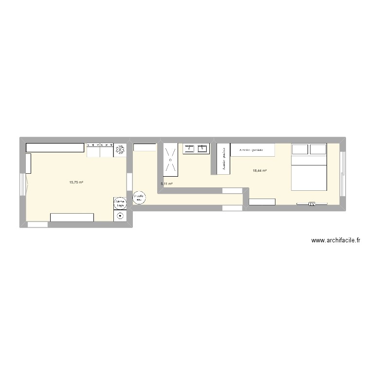 chambre. Plan de 3 pièces et 39 m2