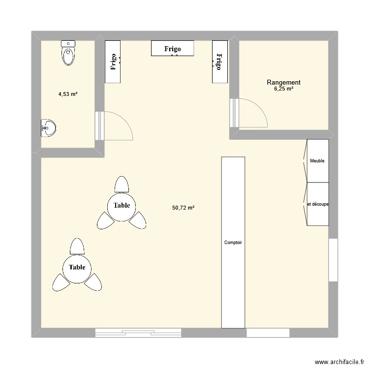 Fromagerie. Plan de 3 pièces et 62 m2