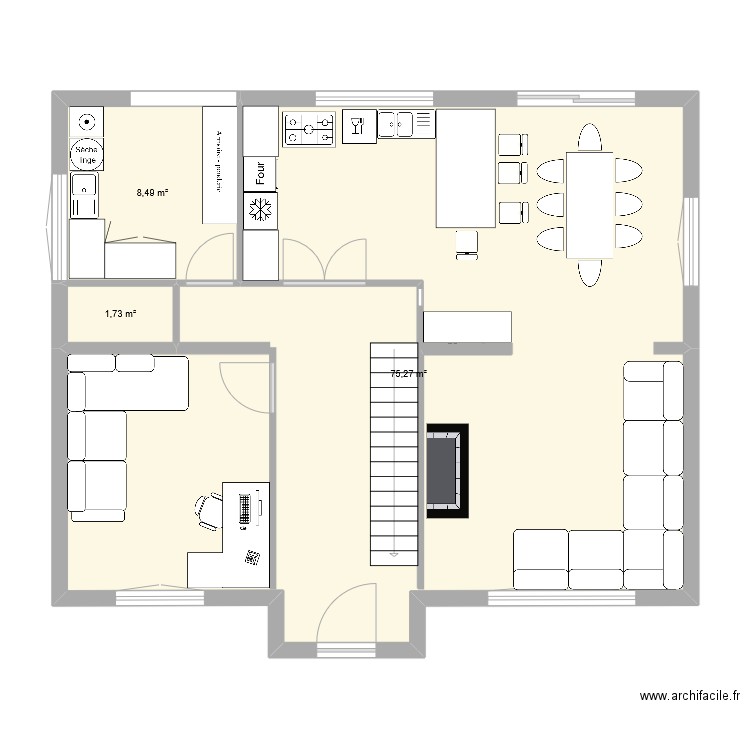 rdc. Plan de 3 pièces et 85 m2