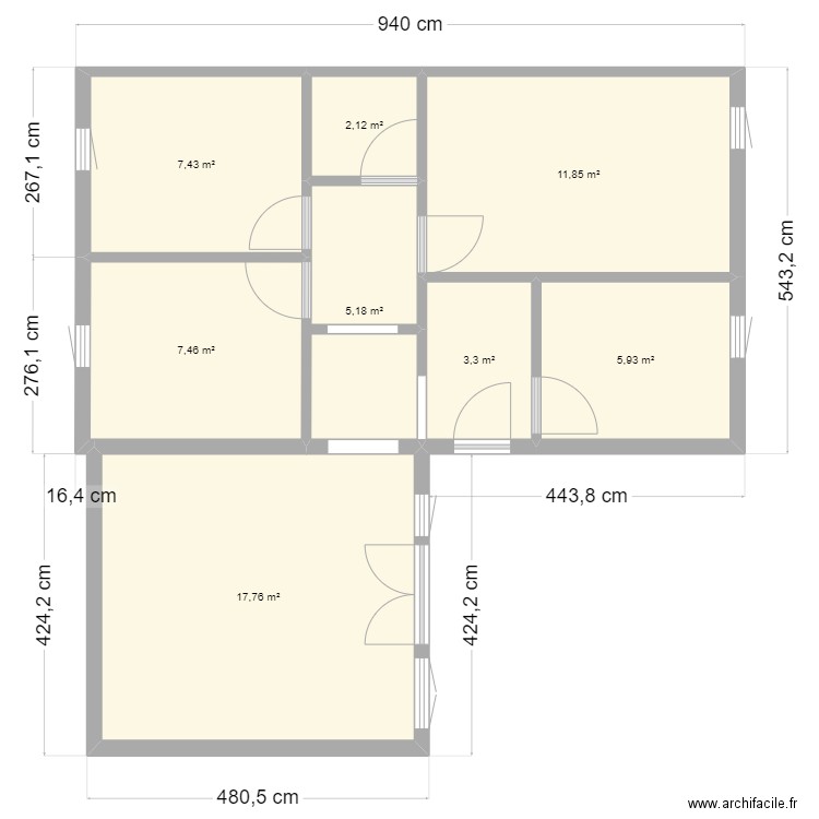 ffff. Plan de 8 pièces et 61 m2