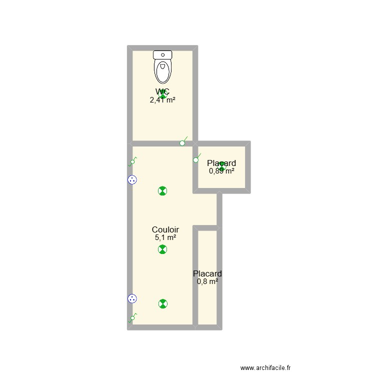 WC + couloirs. Plan de 4 pièces et 9 m2