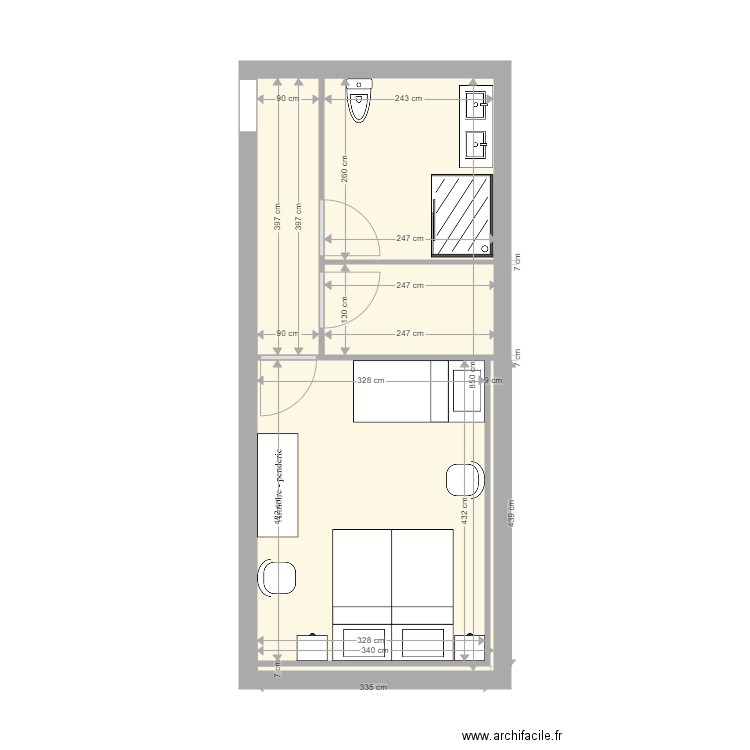 chambre étage V2. Plan de 3 pièces et 28 m2