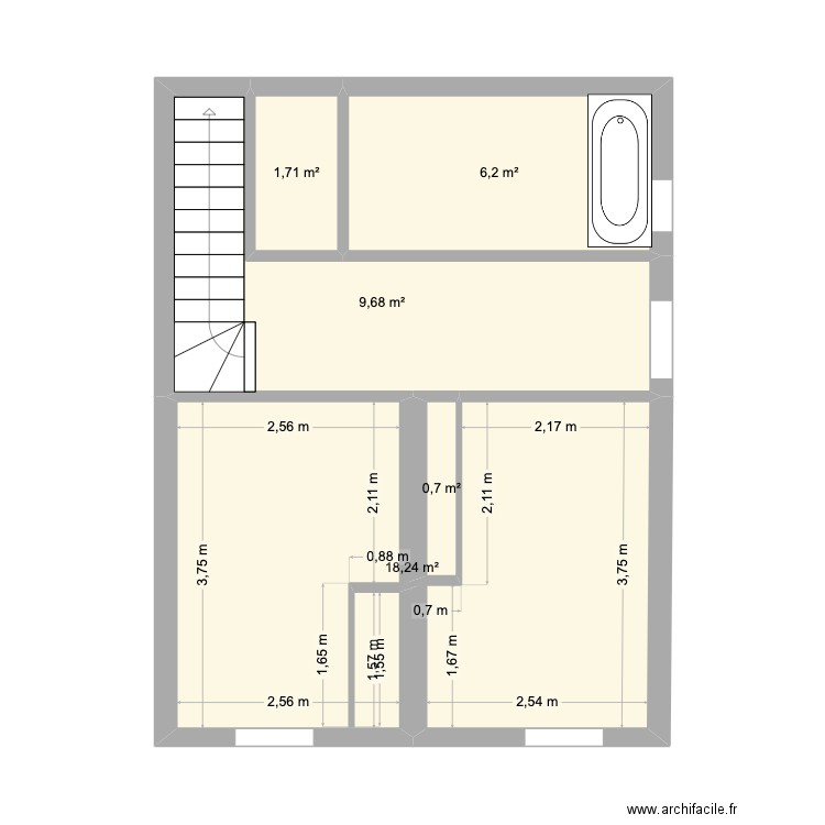 chambres, salle de bain, wc, couloir. Plan de 5 pièces et 37 m2