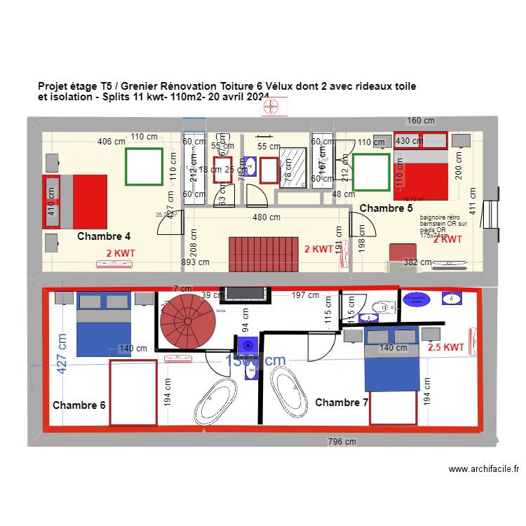 PProjet ETAGE T5 - 4 chambres colimaçon. Plan de 7 pièces et 51 m2