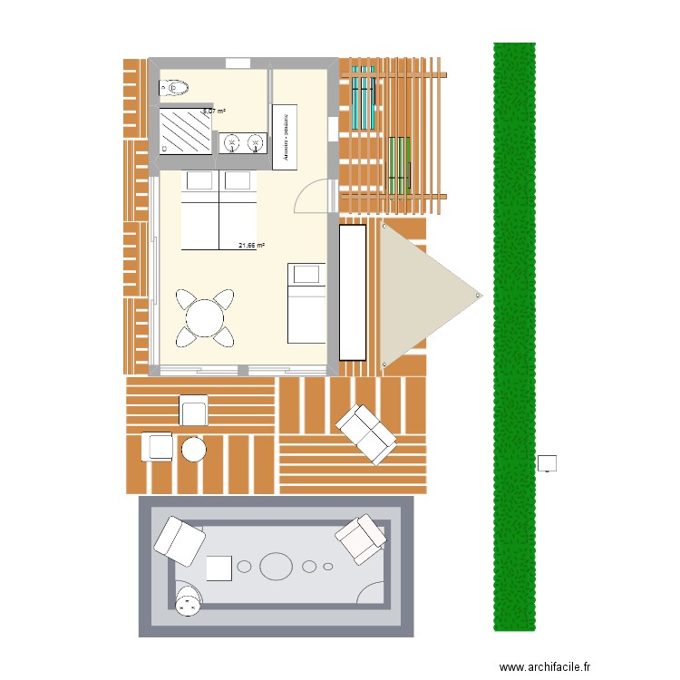 dakhla bungalow. Plan de 2 pièces et 27 m2