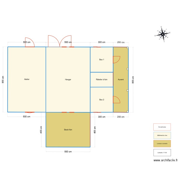 Répartition des locaux et ouvertures. Plan de 7 pièces et 161 m2