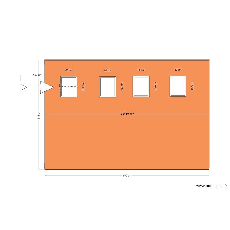 façade. Plan de 1 pièce et 36 m2