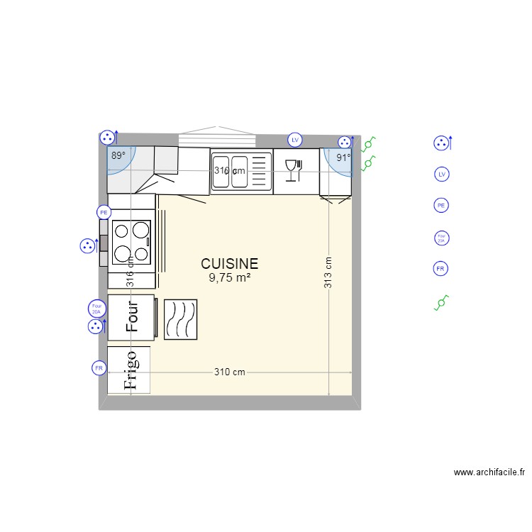 CUISINE. Plan de 1 pièce et 10 m2