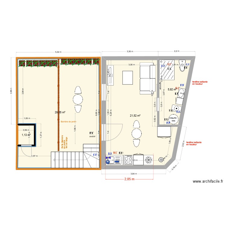 Thuillat 26 Studio RDC Projet Plomb V1. Plan de 4 pièces et 58 m2