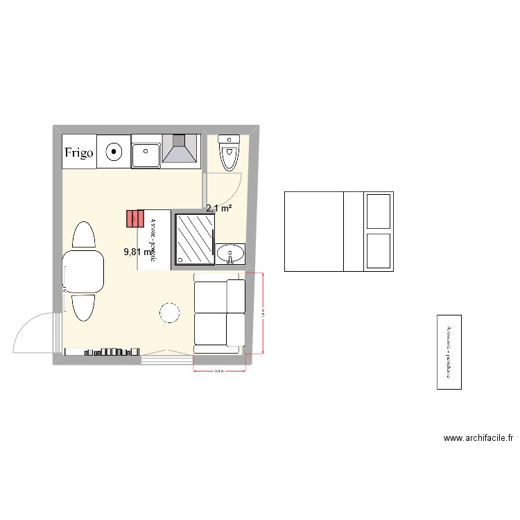 rennes avec petite chambre méme nivau 2. Plan de 2 pièces et 12 m2