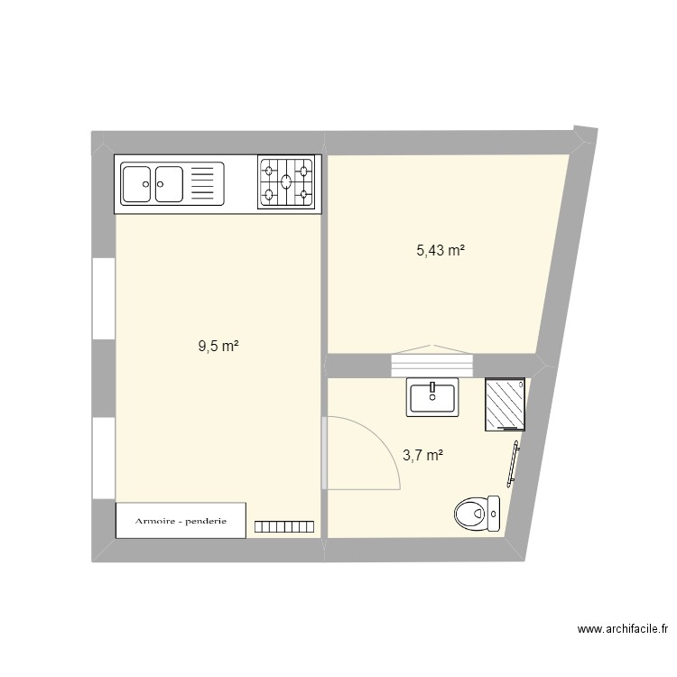 20 rc rdc . Plan de 3 pièces et 19 m2