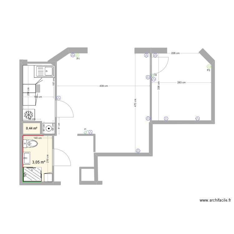 T2 La Boule Douche rectangulaire 70X90 plan électrique. Plan de 2 pièces et 3 m2