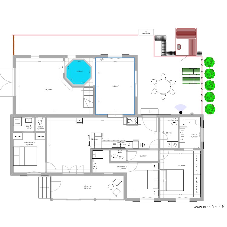 projet 5 bis Allemagne sans le jardin modif piscine. Plan de 14 pièces et 142 m2