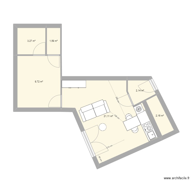 Appartement T2 porte d'espagne. Plan de 6 pièces et 40 m2